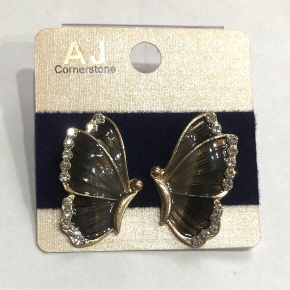 AJ Cornerstone Black & Gold Rhinestone Butterfly Stud Earrings (a)157 - Picture 3 of 7